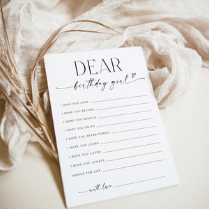 Dear birthday girl party game template, black white advice and wishes keepsake card for friend mom wife women, birthday adult any year - C05
