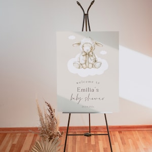 Placa de boas-vindas para chá de bebê de cordeiro, placa de boas-vindas de chá de bebê boho aquarela minimalista boho, pôster de boas-vindas vintage neutro -C109