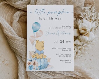 A little pumpkin is on his way baby shower invitation printable, boy classic winnie the pooh blue balloon pumpkins baby shower invite - C61b