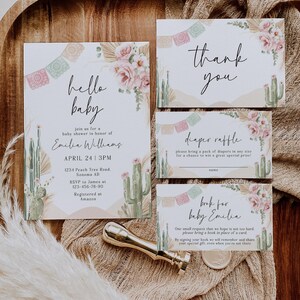 May include: Baby shower invitation set with a desert theme. The invitation reads "hello baby" and includes details for the event. Accompanying cards say "thank you", "diaper raffle", and "book for baby Emilia". Floral and cactus illustrations.