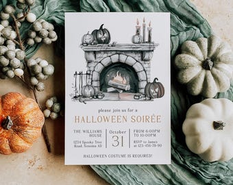 Halloween Soirée invitation printable, spooky haunted house halloween adult party invite, modern spooky pumpkins halloween party invite -C97