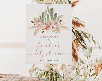 Cartello di benvenuto modificabile per baby shower con fiori rosa boho, cartello di benvenuto per baby shower con cactus, poster di benvenuto per baby shower con fiori del deserto - C50