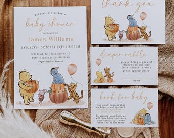Fall pumpkins and classic winnie the pooh baby shower invitation set printable, winnie and friends and baby shower invitation suite - C58
