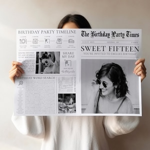Newspaper 15th birthday party invitation printable, personalized 15th birthday photoshoot, sweet fifteen gift, custom newspaper for girls