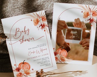Fall boho baby shower invitation printable, fall boho terracotta baby shower invitation, orange floral pumpkins baby shower invitation - C82