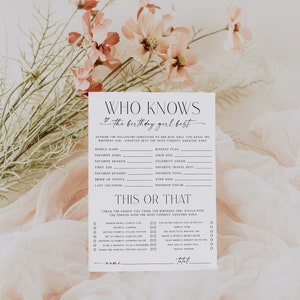 Who knows the birthday girl best & this or that, girl birthday party game printable, minimalist black white birthday questionnaire game -C05