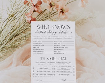 Who knows the birthday girl best & this or that, girl birthday party game printable, minimalist black white birthday questionnaire game -C05