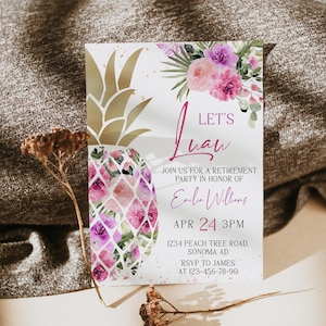 Let&#39;s luau retirement party invitation printable, floral tropical retirement party invite, hawaiian theme retirement party invitation - C249
