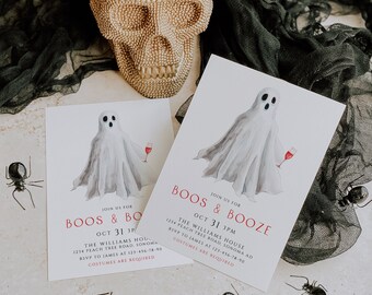 Minimalist modern halloween invite, boos & Booze halloween party invitation template, costumes cocktails ghost invitation for adults - C90