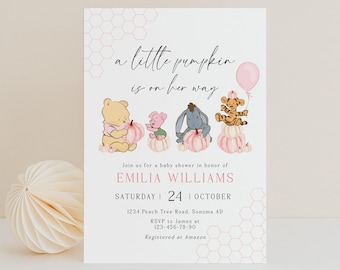 A little pumpkin is on her way baby shower invitation printable, girl pumpkin classic winnie the pooh and friends baby shower invite - C60g