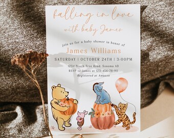Falling in love baby shower invitation printale, classic winnie the pooh friends baby shower invitation,pooh pumpkin baby shower invite -C58