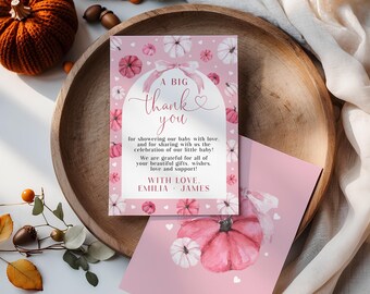 Editable Pumpkins Girl Baby Shower Thank You Card Printable: Pink Boho Autumn Theme - C269