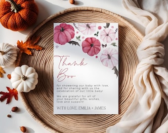 Autumn Pink Pumpkin Thank You Card Bat Helloween Girl Baby Shower Thank Boo Note Printable Template - C267
