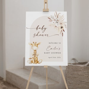Bearbeitbares Safari-Babyparty-Willkommensschild, neutrales Boho-Babyparty-Willkommensschild mit weißen Blumen, niedliches Giraffen-Babyparty-Willkommensplakat-C105