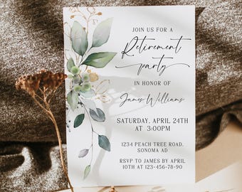 Green and gold retirement party invitation template, green leaves retirement party invitation, eucalyptus retirement party invitation - C195