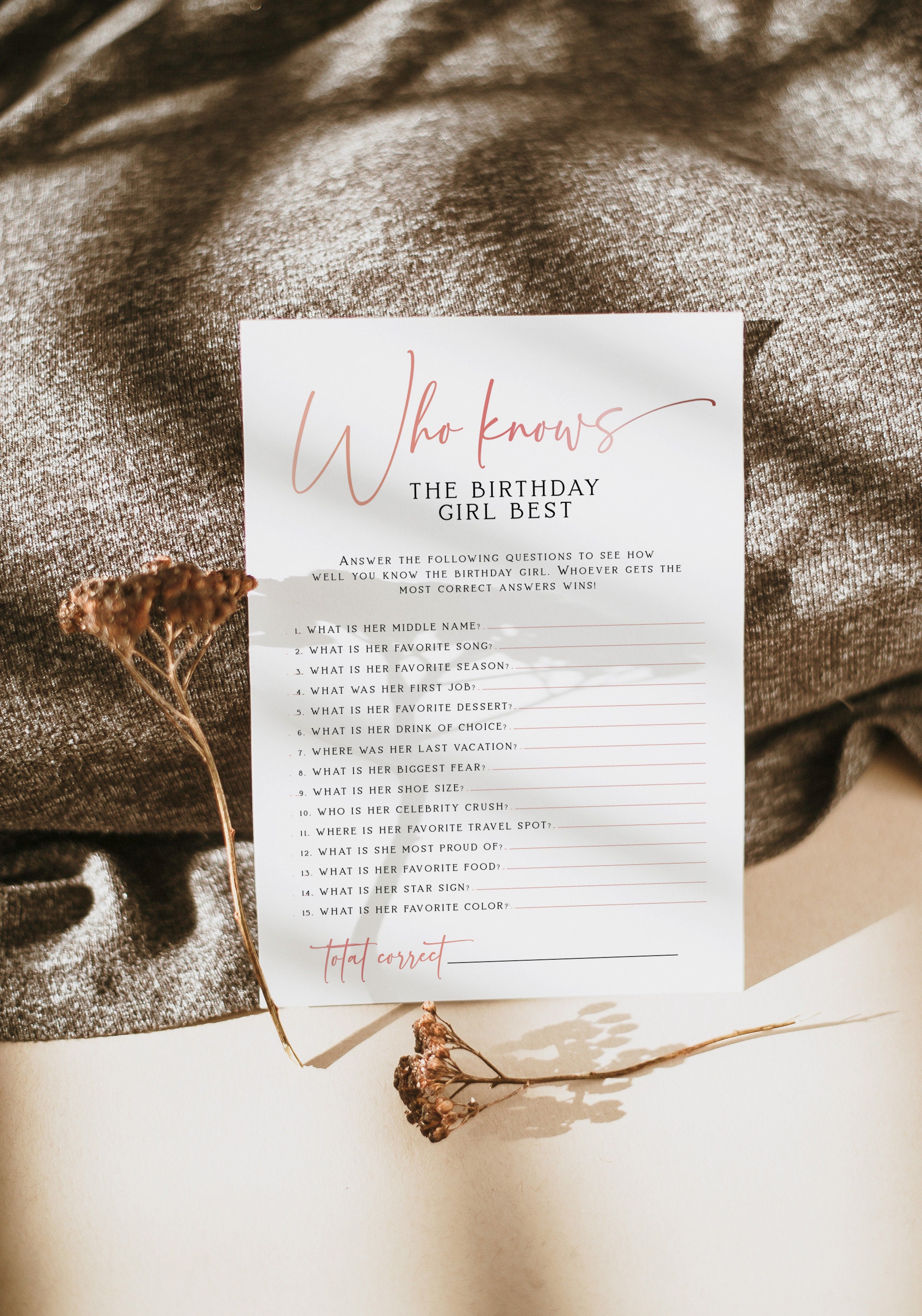 Who knows the birthday girl best, minimalist adult birthday party game template -C06