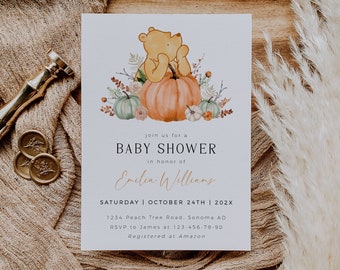 Classic Winnie the Pooh baby shower invitation printable, gender neutral baby shower invite, rustic autumn pumpkins baby shower invite - C56