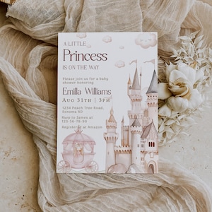 Little Princess on the way baby shower invitation printable, princess castle pink baby shower invite, princess baby shower girl invite -C137