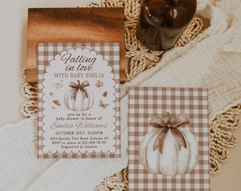 Falling in love baby shower invitation printable, beige gingham fall baby shower invite, modern fall pumpkin bow baby shower invite - C260
