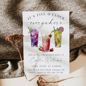 It&#39;s five o&#39;clock everywhere retirement party invitation template, cocktails retirement party invite, retirement party woman invite -C200