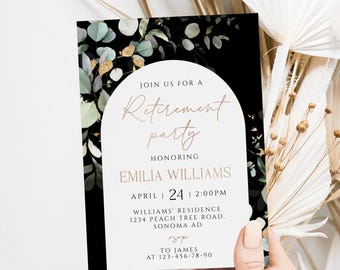 Green and gold retirement party invitation template, arch retirement party invitation, modern green eucalyprus retirement party invite -C193