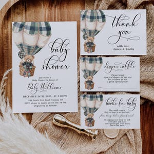 Bear Hot Air Balloon Winter Baby Shower Boy Invitation Set, Vintage Grandmillenial, Plaid Bow (Digital Template)-C309