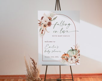 Editable Falling In Love baby shower welcome sign, neutral boho flowers baby shower welcome sign, pumpkins baby shower welcome poster -C84