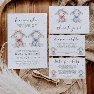 He or she boho baby shower invitation set template, confetti decoration pink blue plush little lambs gender reveal party invite bundle -C110