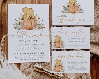 A little pumpkin is on the way baby shower invitation set printable, classic winnie the pooh and pumpkins baby shower invitation suite - C56