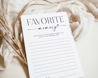 Minimalist black and white adult birthday party games card, my favorite memory game printable, birthday keepsake, birthday activity - C05