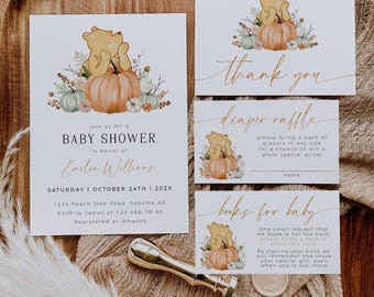 Classic winnie pooh baby shower invitation set template, pooh pumpkins baby shower invite bundle, boho fall pooh baby shower invite kit -C56