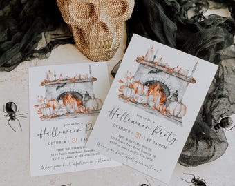 Pumpkins halloween party invite printable, spooky haunted house halloween adult party invitation, fireplace halloween party invitation - C72