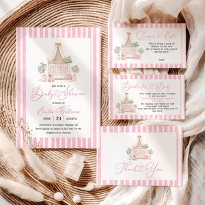 Baby Shower Invitation Set: Vintage Nursery Theme, Pink Chinoiserie Cradle, Bear (Digital Template) -C306g