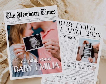 Newspaper baby shower party printable, newspaper pregnancy announcement, pregnancy announcement newspaper, gender reveal newspaper invite