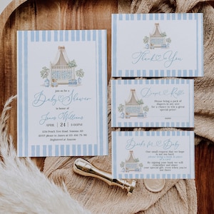 Puede incluir: Juego de papelería para baby shower con un diseño de rayas azules y blancas. La invitación incluye el texto "Baby Shower" y detalles. Las tarjetas incluyen "Gracias", "Pañales y rifa" y "Libros para bebé".