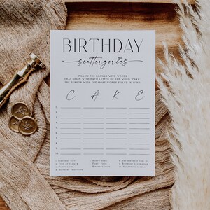 Printable birthday games, minimalist black white scattergories game card, girl birthday party game, birthday any year, adult party game -C03
