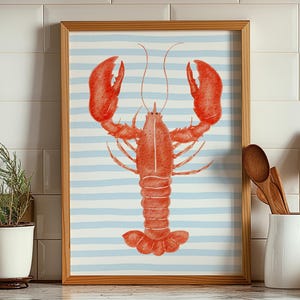 Lobster Print, Blue Stripes, Watercolour Lobster, Kitchen Print, Dining Room Print, Kitchen Wall Art, Aesthetic Decor, Trendy, UNFRAMED