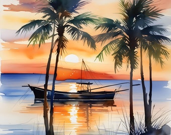 Poster “Sunset by the sea with palm trees and a ship” Still watercolors to download