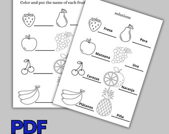 Einfache Übungsblätter zum Spanischlernen, zum Erlernen der Namen von Früchten auf Spanisch und zum Ausmalen