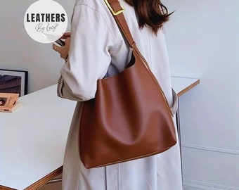 Leather Shoulder Bag for Women - Vegan Leather Hobo Shoulder Bag, Leather Slouchy Handbag, Leather Work Shopper Bag, Birthday Gift for her