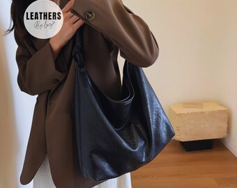 Vegan Soft Leather Slouchy Hobo Shoulder Bag - Vegan Leather Tote Bag with Magnetic Snap, Large Capacity Hobo Work Bag, Tote Bag, Gifts