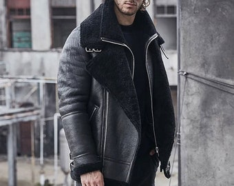 Top Trending Herren Schwarze Leder Shearling Doppelkragen Jacke