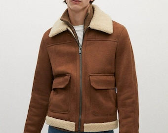 Beste kwaliteit nieuwe collectie Aviator Tan Brown Leather Shearling Jacket voor heren