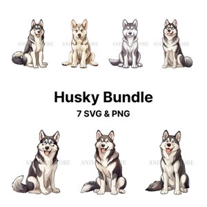 Husky Dog Clipart Bundle - 7 Adorable Siberian Husky SVG/PNG Images, Perfect for Crafting Projects and Dog Lovers Gift Ideas