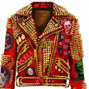 Street Biker Red Leather Jacket Golden Spikes And Studs Chaos Patch Punk Rocker for Men