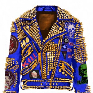 Herren Royal Blau Spiked Lederjacke Gold Spikes Punk Rock Patchwork Heavy Metal Jacke