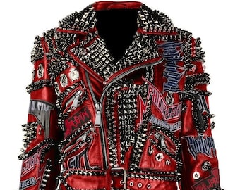 May include: A red leather jacket with silver metal spikes and patches. The jacket has a zipper closure, a belt, and multiple decorative patches with text and graphics. The collar and shoulders are heavily studded.