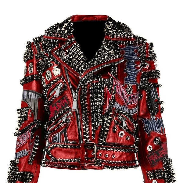 Handmade Men's Maroon Leather Gunmetal Studded Jacket with Patches, Men Biker Patches Jacket Gunmetal studs and spike work, Tow Tone Jacket