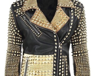 Golden Cone Studs Leather Jacket – Women’s Black & Gold Jacket Golden Leather Black Leather Sleeves | Chic Studded Design | Trendy Outerwear