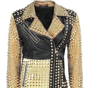 Women s Golden Cone Studs Leather Jacket